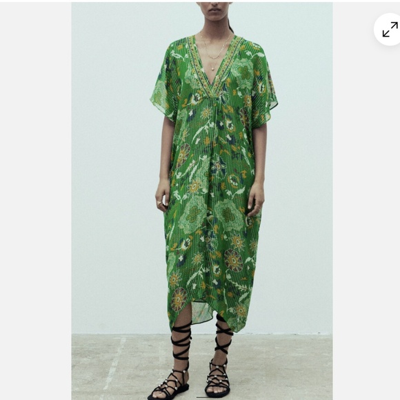 Zara green embellished metallic shimmery kaftan dress NWT - Picture 1 of 16